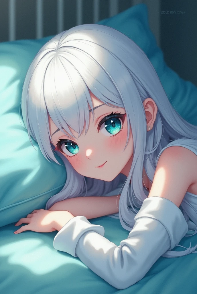 Fair skinned woman with long straight white hair and turquoise blue eyes WAKING UP as she opens one eye and smiles LEANING on pillow sideways MYSTIC MESSENGER STYLE ANIMATED