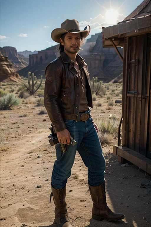 (a)gunslinger,tao, Cowboy-Hut,[wild west] landscape,sunlit desert,dusty road,cowboy boots,lonely figure,smoldering eyes,big grin,(best quality),(realisti:1.37),portrait,western style,Vivid colors,warm tones,backlit silhouette,shaded face,fantasy art, RPG,Fantasy-Figur,scar,gun,revolver,Pistol,smoke,