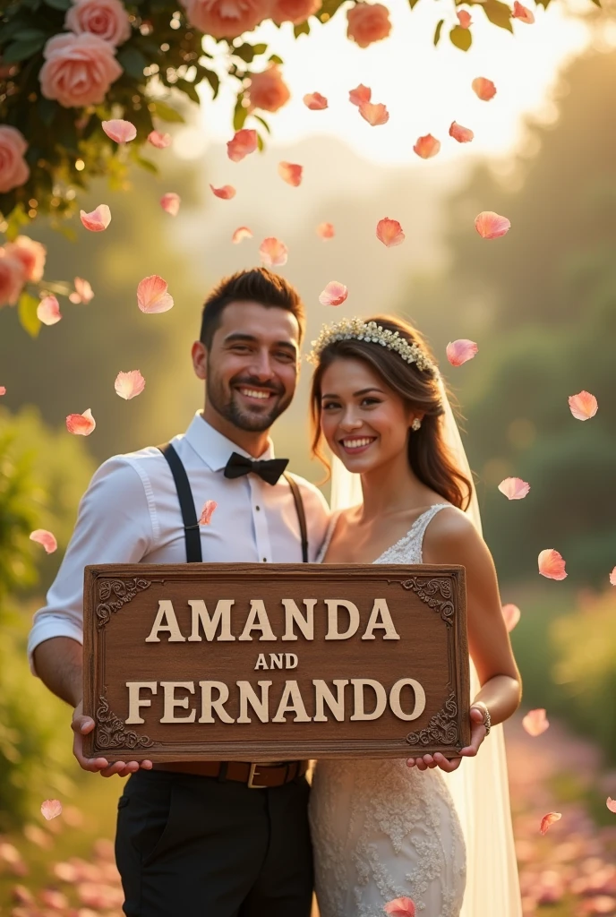 8k Newlywed couple holding a sign that says Amanda and Fernando with carved letters falling roses from the sky