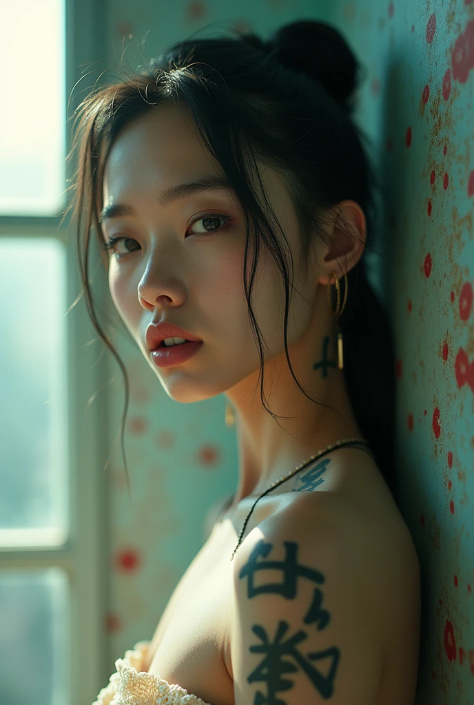 editorial photography,super detailed background,Super realistic,double exposure,depth of field,beauty super slender skinny vibes,soft focus tone,narrative scene,open lips,number tattoo,kanji tattoo,abs,navel,