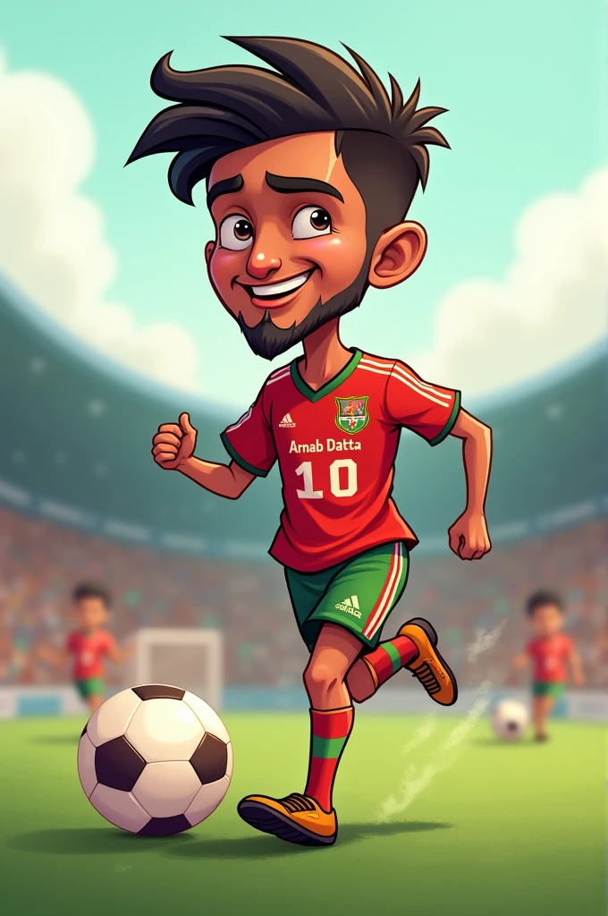 Created an cartoon image of an 27 years old man with a small cute round face and with short beards and with very short hairs. Playing football wearing Mohun Bagan original Jersey with written number 10 and Name - Arnab Datta on Back and front of the jersey.