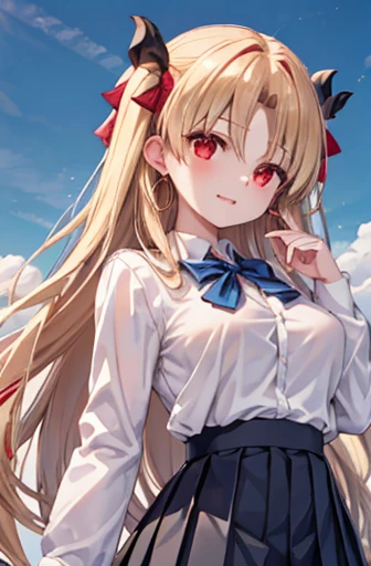 Ereshkigal, Ereshkigal, Blonde,  Hair bow, Hoop Earrings,  Long Hair, Parted bangs, (Red eyes:1.5),  bow, Looking at the audience, Highest quality, High resolution, unity 8k wallpaper, (figure:0.8), (Beautiful attention to detail:1.6), Highly detailed face, Perfect lighting, Highly detailed CG, (Perfect hands, Perfect Anatomy),Naughty big、big breasts attention、Laughter,school uniform、(White shirt:1.3),(Black pleated skirt)、solo、Bare neck、(blue sky:1.3),outside of home