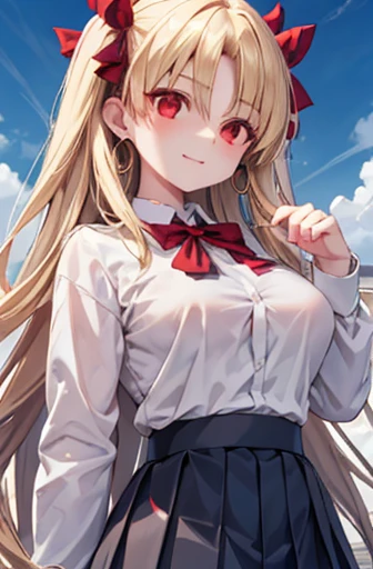 Ereshkigal, Ereshkigal, Blonde,  Hair bow, Hoop Earrings,  Long Hair, Parted bangs, (Red eyes:1.5),  bow, Looking at the audience, Highest quality, High resolution, unity 8k wallpaper, (figure:0.8), (Beautiful attention to detail:1.6), Highly detailed face, Perfect lighting, Highly detailed CG, (Perfect hands, Perfect Anatomy),Naughty big、big breasts attention、Laughter,school uniform、(White shirt:1.3),(Black pleated skirt)、solo、Bare neck、(blue sky:1.3),outside of home