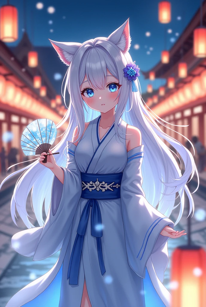 a anime woman, with long hair, which is white in color with a slight shade of blue, the woman has wolf ears on her head, and wears typical Japanese festival clothing, with lilac and blue colors, she is holding a fan in her right hand, and in her left hand she is manipulating an ice cube with magic, she is at a lantern festival, Ice flock in hair