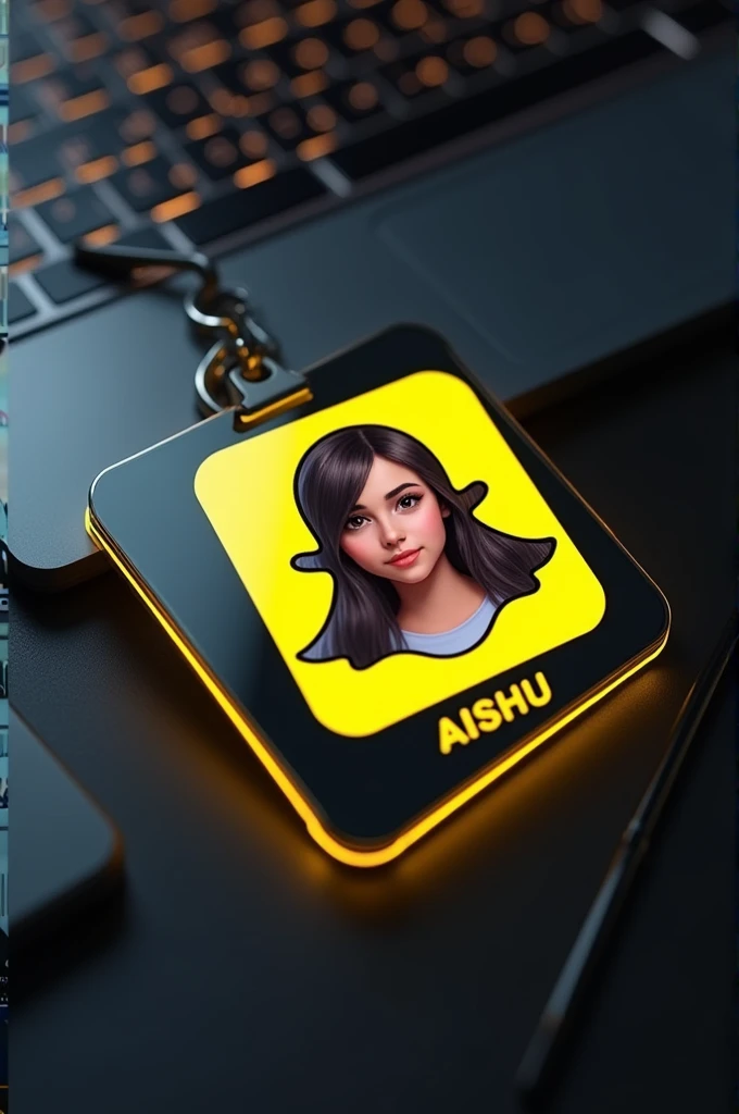 create a snapchat profile on glass id card on a black desk displaying snapchat logo and realistic profile photo of a age GIRL in circle and "AISHU" is written in bold fonts under the profile photo, the snapchat card is glowing in yellow color on the edge.