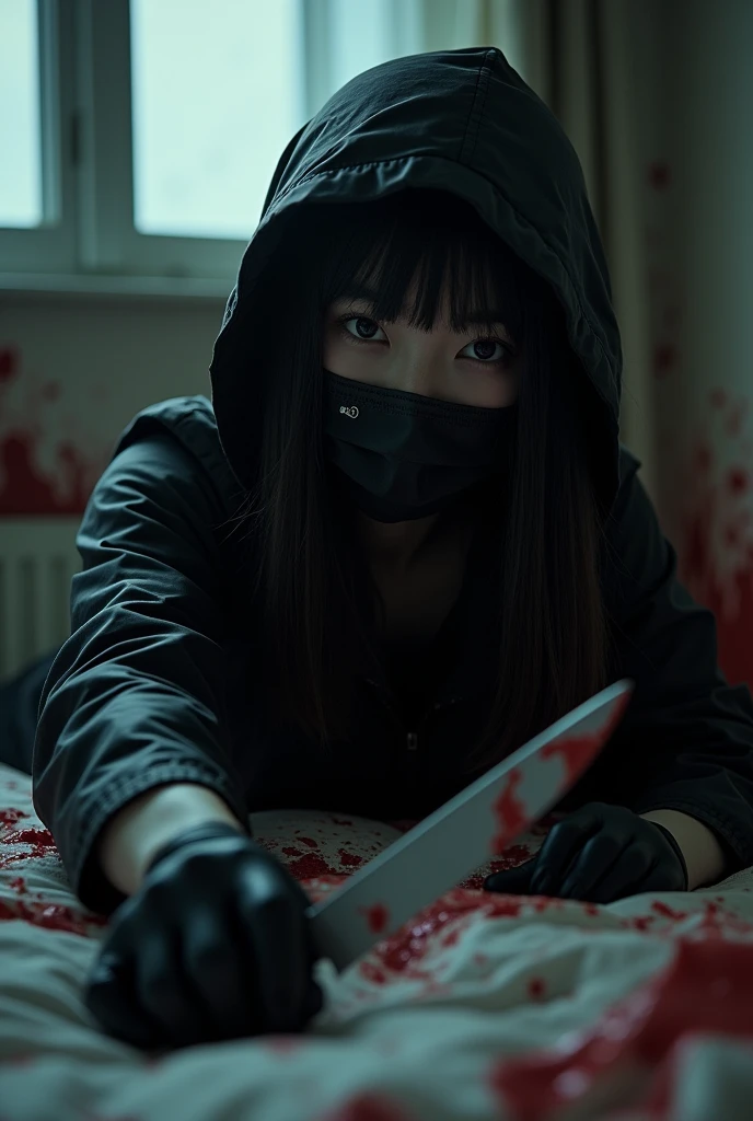 korean girl, (behind corpse, holding knife), black surgical mask, black gloves, room full of blood, black raincoat, hood up, holding knife, black gloves, woman on top, behind corpse, blood splatter, on the bed, mass murderer, killer, long bangs, blood splatter, dark atmosphere, cinematic lighting, atmospheric realistic, light from the window, close-up,