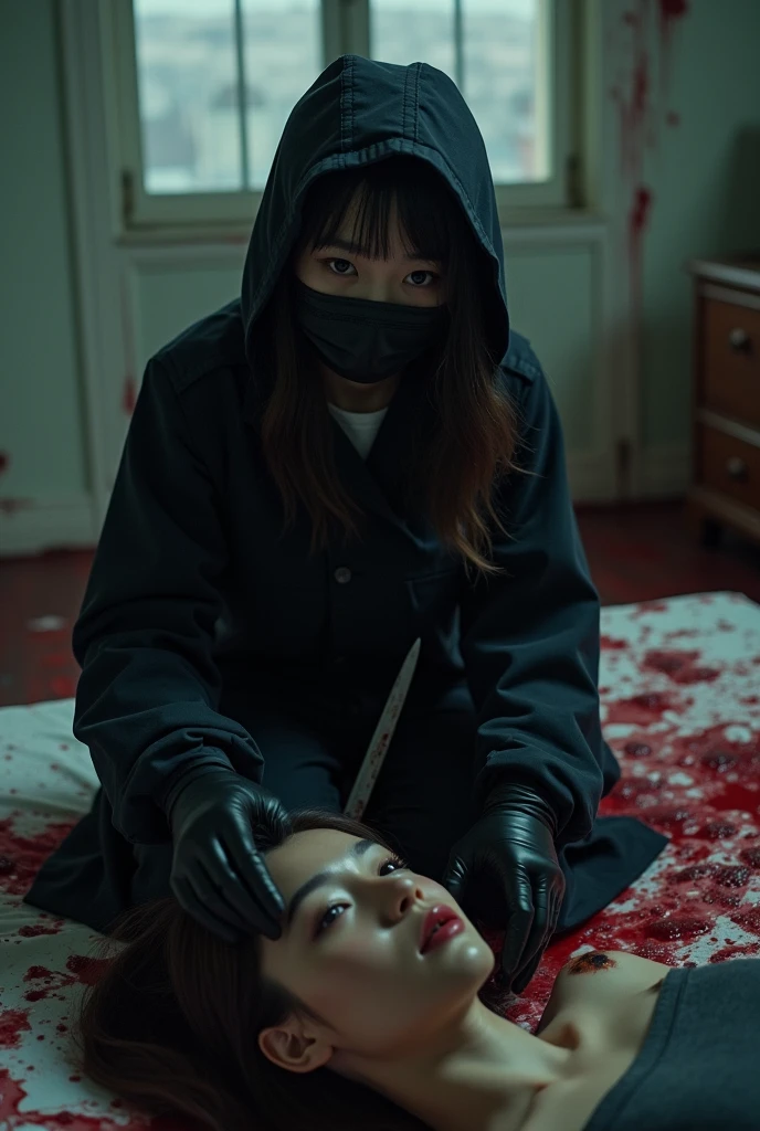 korean girl, (behind corpse, holding knife), black surgical mask, black gloves, room full of blood, black raincoat, hood up, holding knife, black gloves, woman on top, behind corpse, blood splatter, on the bed, mass murderer, killer, long bangs, blood splatter, dark atmosphere, cinematic lighting, atmospheric realistic, light from the window, close-up,
