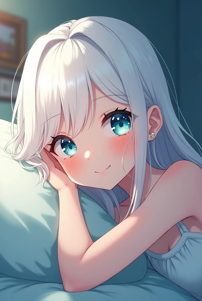 Fair skinned woman with long straight white hair and turquoise blue eyes WAKING UP as she opens one eye and smiles LEANING on pillow sideways MYSTIC MESSENGER STYLE ANIMATED