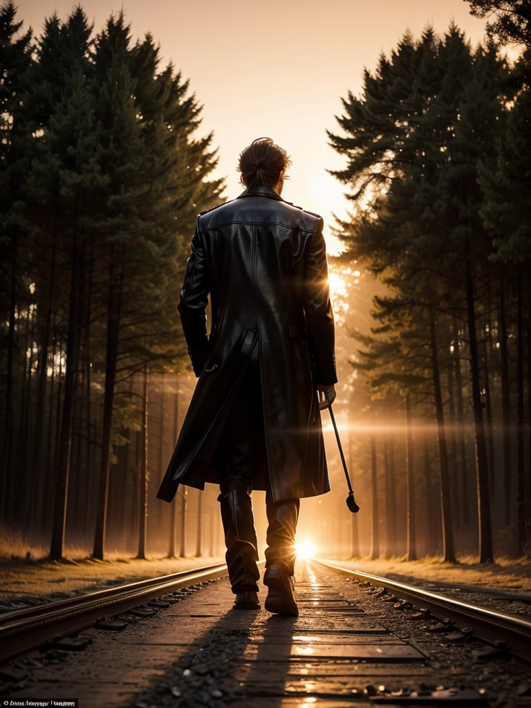 Epic photo, hyper realistic, Sunset, orange tones lighting, silhouette of (man, 188 cm tall, walking, dressed in a long black leather overcoat
, Texan boots, Gibson Les Paul Standard electric guitar hanging on his back), walk along the train tracks towards the sun that sets on the horizon, trees in the background, photo for image of a disk, name of the album: "It allows me a feeling?", Priority:no debe faltar la guitarra colgada en la espada del man.