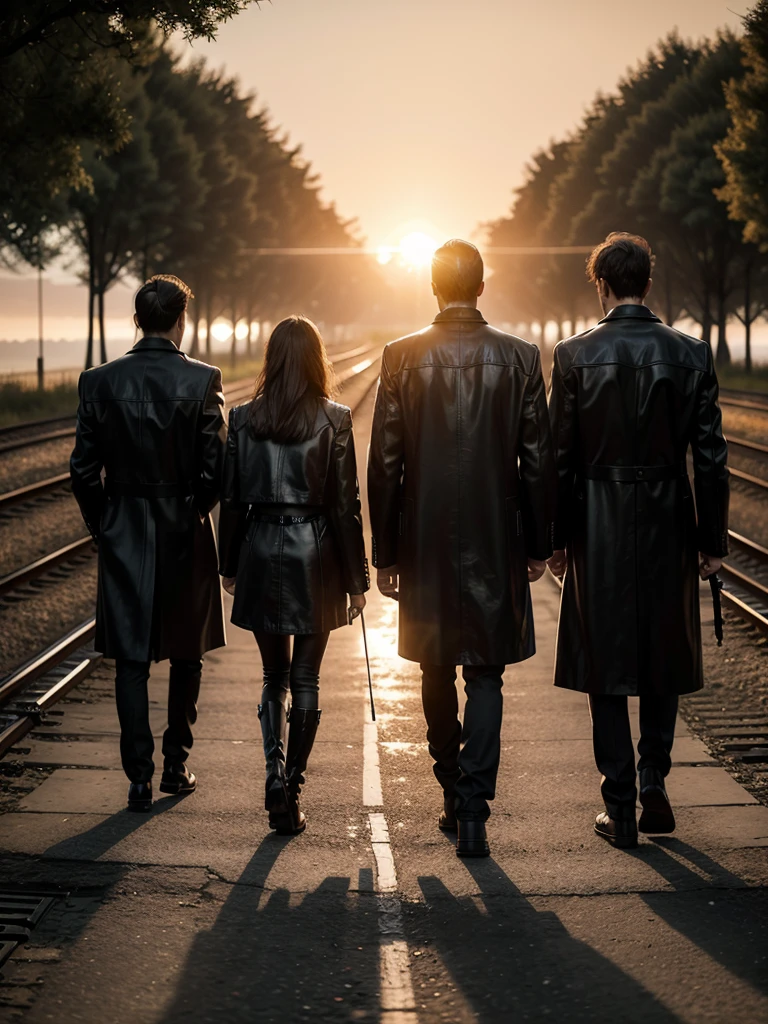 Epic photo, hyper realistic, Sunset, orange tones lighting, silhouette of (man, 188 cm tall, walking, dressed in a long black leather overcoat
, Texan boots, Gibson Les Paul Standard electric guitar hanging on his back), walk along the train tracks towards the sun that sets on the horizon, trees in the background, photo for image of a disk, name of the album: "It allows me a feeling?", Priority:no debe faltar la guitarra colgada en la espada del man.