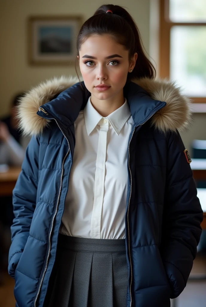 ((best quality)), ((masterpiece)), (detailed), perfect face, beautiful English 16 year old woman, silk tight navy blue puffer coat, seductive, face and body focus, (large breasts) , school uniform, tight silk white blouse, grey  pleated skirt, fluffy fur hood, photorealistic, photograph, shiny blouse, blushing, in classroom, open coat, silk coat lining, dark brown hair, high ponytail, eyeliner