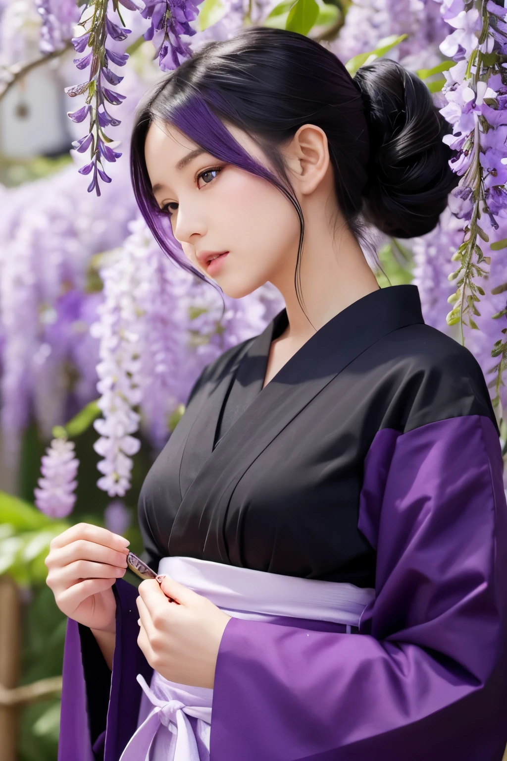One girl, High resolution, chest, Black Hair, Open your mouth a little, Purple hair tips,Purple eyes,butterfly々Hair ornament,ponytail,Haori,Wisteria Wallpaper,Holding a sword,Demon slayer,butterflyの柄のHaori,Black clothes inside