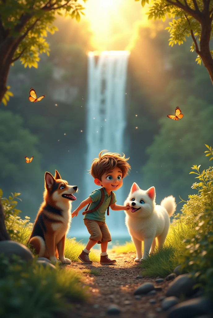 A boy with brown hair blue eyes with 2 dogs one is German shepherd and white shemoyed with sparkling blue eyes watching sun set in deep forest flayful in forest in waterfall and butterflies