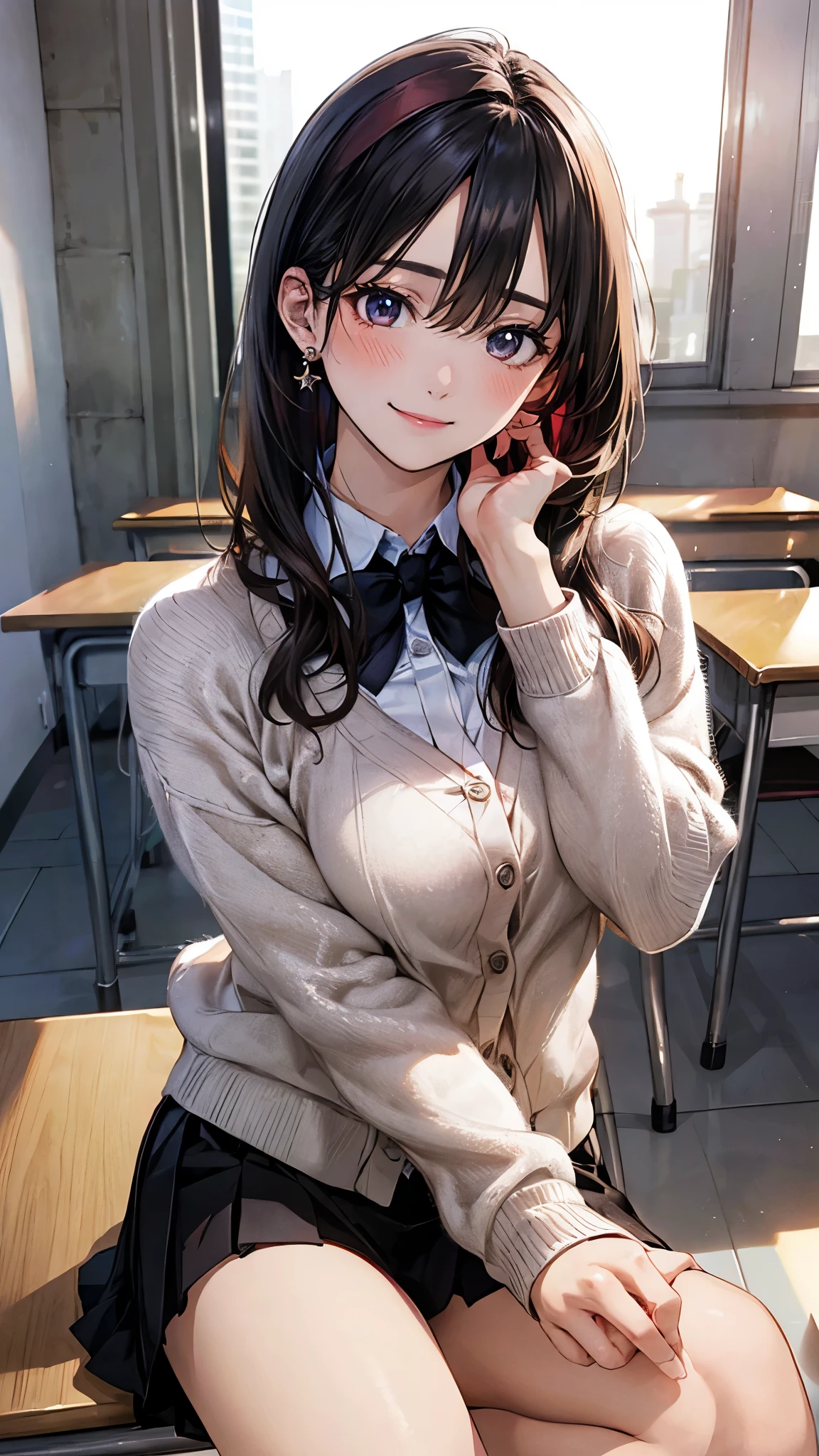 (masterpiece:1.2, highest quality), (realistic photo:1.4), beautiful illustrations, (natural side lighting, movie lighting), 
looking at the viewer, ((pov across table)), 1 girl, japanese, high school girl, perfect face, cute symmetrical face, shiny skin, baby face, 
(long hair, straight hair, (dark red headband), black hair), hair between eyes, maroon eye idol chest, seductive thighs, big ass), earrings, 
beautiful hair, beautiful face, detailed and beautiful eyes, beautiful clavicle, beautiful body, beautiful breasts, beautiful thighs, beautiful feet, beautiful fingers, slender, 
(white collared shirt, long sleeve pink knit cardigan, black pleated mini skirt, dark red flat bow tie), 
(beautiful scenery), evening, (school classroom:1.2), (hand up, elbows on table), (cute smile, upper eye)