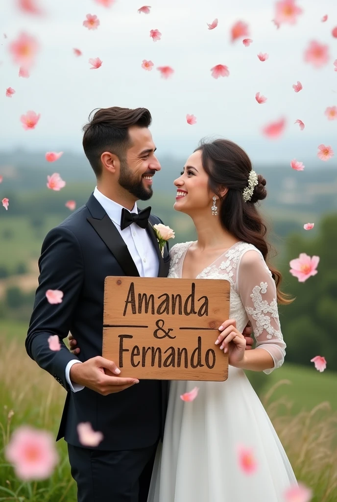 8k Newlywed couple holding a sign that says Amanda and Fernando with carved letters falling roses from the sky 