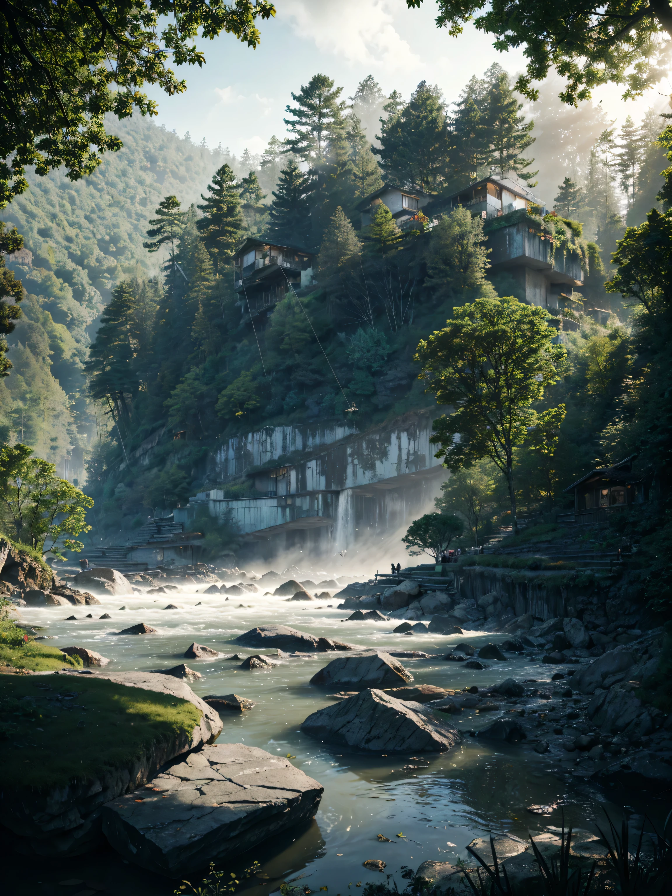 A narrow, asphalt road winding through a dense Indonesian forest, with lush green trees and thick foliage on the right side. The road is wet and muddy, with large puddles reflecting the overcast sky, indicating recent rainfall. To the left, the road sharply drops into a deep, rocky ravine. The sides of the ravine are steep, with jagged rocks and exposed roots clinging to the earth. Far below, a fast-flowing river can be seen, with mist rising from the churning water as it crashes against boulders. The ravine is surrounded by dense vegetation, with vines hanging over the edge. The atmosphere is tense and dramatic, with diffused light barely penetrating the thick canopy above. The scene is captured in ultra-realistic detail, rendered in 4k resolution.