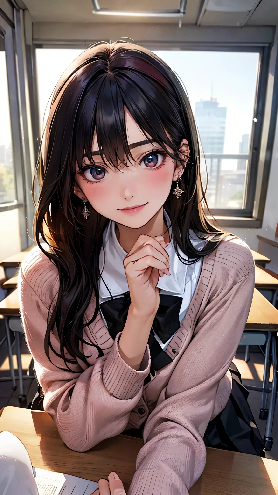 (masterpiece:1.2, highest quality), (realistic photo:1.4), beautiful illustrations, (natural side lighting, movie lighting), 
looking at the viewer, ((pov across table)), 1 girl, japanese, high school girl, perfect face, cute symmetrical face, shiny skin, baby face, 
(long hair, straight hair, (dark red headband), black hair), hair between eyes, maroon eye idol chest, seductive thighs, big ass), earrings, 
beautiful hair, beautiful face, detailed and beautiful eyes, beautiful clavicle, beautiful body, beautiful breasts, beautiful thighs, beautiful feet, beautiful fingers, slender, 
(white collared shirt, long sleeve pink knit cardigan, black pleated mini skirt, dark red flat bow tie), 
(beautiful scenery), evening, (school classroom:1.2), (hand up, elbows on table), (cute smile, upper eye)