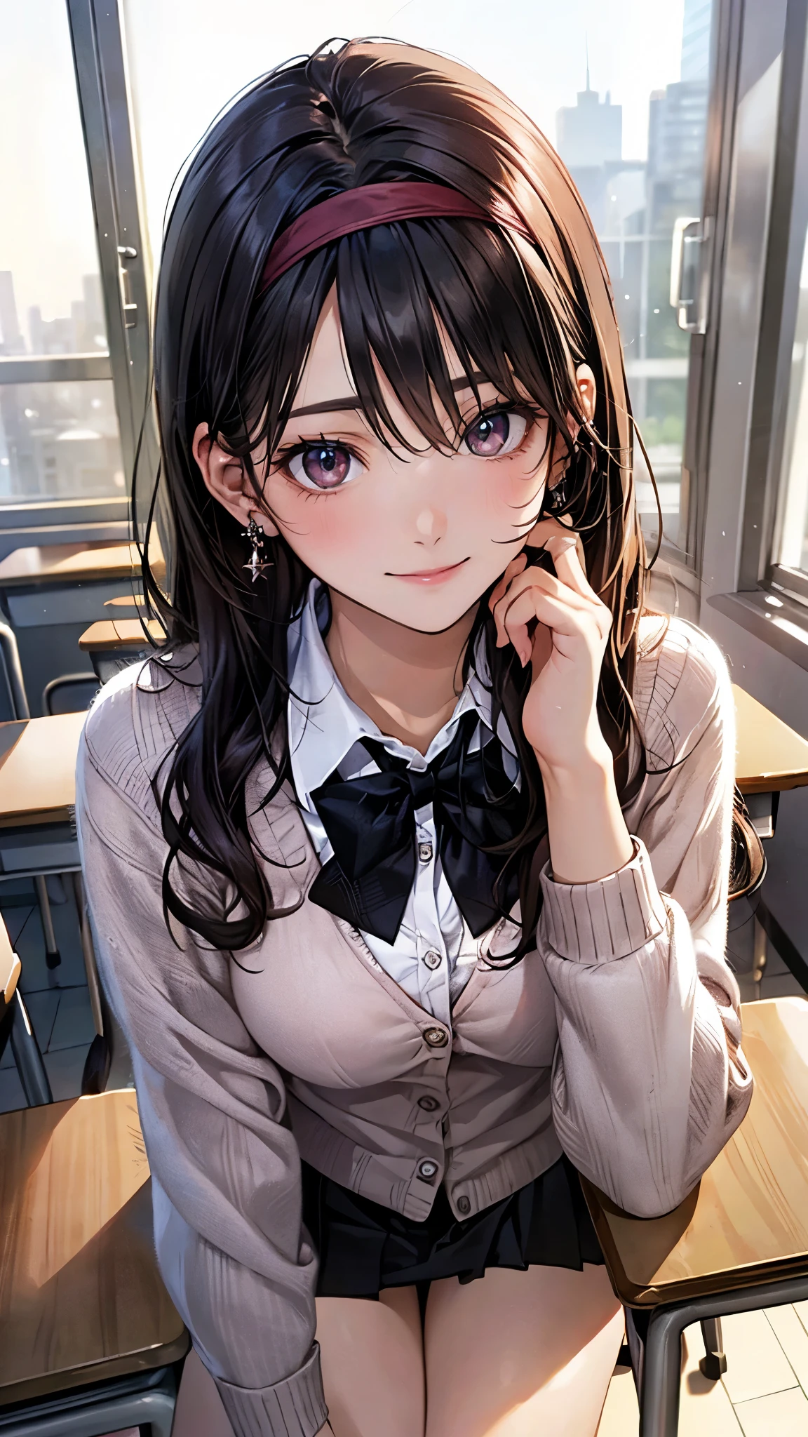 (masterpiece:1.2, highest quality), (realistic photo:1.4), beautiful illustrations, (natural side lighting, movie lighting), 
looking at the viewer, ((pov across table)), 1 girl, japanese, high school girl, perfect face, cute symmetrical face, shiny skin, baby face, 
(long hair, straight hair, (dark red headband), black hair), hair between eyes, maroon eye idol chest, seductive thighs, big ass), earrings, 
beautiful hair, beautiful face, detailed and beautiful eyes, beautiful clavicle, beautiful body, beautiful breasts, beautiful thighs, beautiful feet, beautiful fingers, slender, 
(white collared shirt, long sleeve pink knit cardigan, black pleated mini skirt, dark red flat bow tie), 
(beautiful scenery), evening, (school classroom:1.2), (hand up, elbows on table), (cute smile, upper eye)