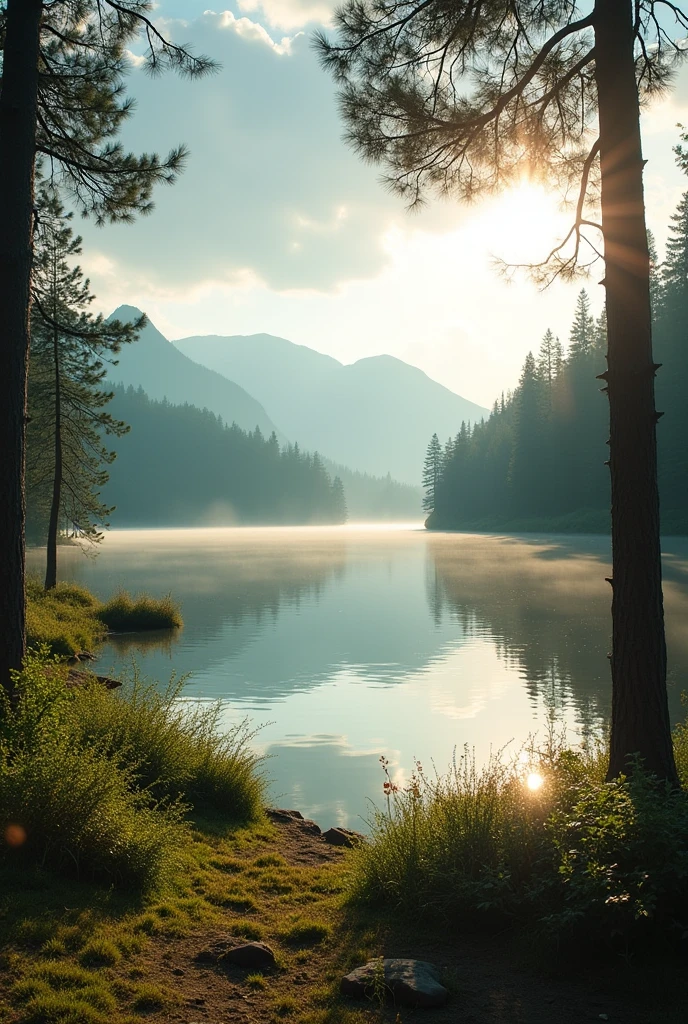 Lakeside bathed in soft sunlight、I can see the forest on the other side of the lake、A quiet and deserted lake、In an open area、The lake is inspired by the home of Lancelot from Arthurian legend.、