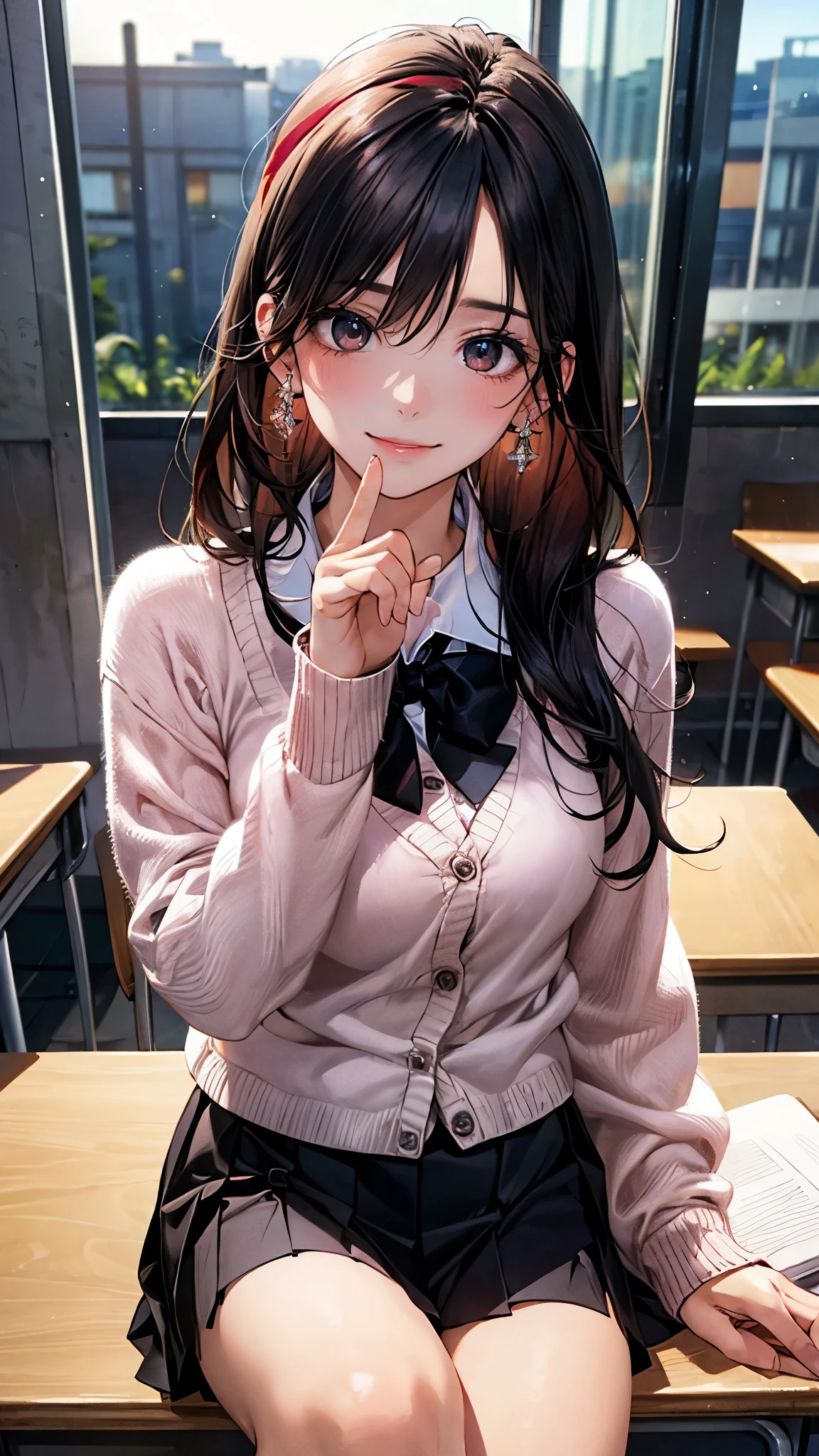 (masterpiece:1.2, highest quality), (realistic photo:1.4), beautiful illustrations, (natural side lighting, movie lighting), 
looking at the viewer, ((pov across table)), 1 girl, japanese, high school girl, perfect face, cute symmetrical face, shiny skin, baby face, 
(long hair, straight hair, (dark red headband), black hair), hair between eyes, maroon eye idol chest, seductive thighs, big ass), earrings, 
beautiful hair, beautiful face, detailed and beautiful eyes, beautiful clavicle, beautiful body, beautiful breasts, beautiful thighs, beautiful feet, beautiful fingers, slender, 
(white collared shirt, long sleeve pink knit cardigan, black pleated mini skirt, dark red flat bow tie), 
(beautiful scenery), evening, (school classroom:1.2), (hand up, elbows on table), (cute smile, upper eye)