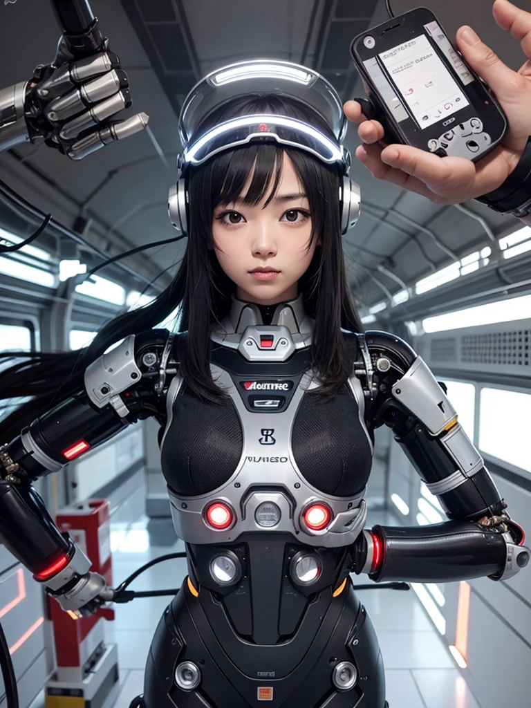 masterpiece, Highest quality, Very detailed, Japaese アンDroid girl,Portraiture,Plump,Slightly thicker,Control panel,アンDroid,Droid,Mechanical Hand, robotの腕と脚, Black Hair,Blunt bangs,perfect robot girl,Long tube,A thick cable was attached to her neck.,アンDroid,robot,humanoid,cyborg,japanese cyborg girl ,robot-assembly plant,She is now assembling,Assembly scene,Wearing a helmet,