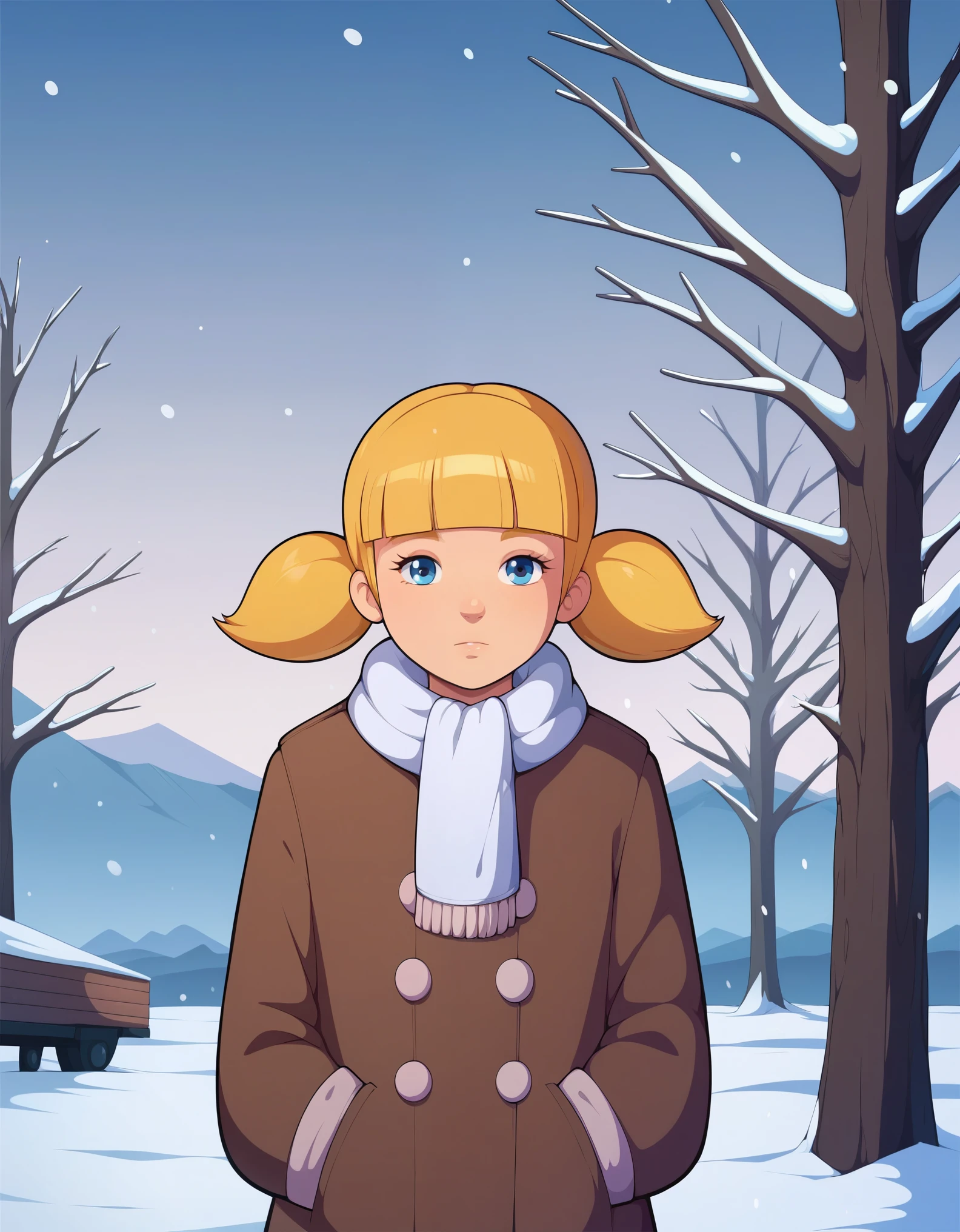 score_9, score_8, score_8_up, score_7_up, sgstyle, BREAK, 1girl, solo, female focus, 1girl, penny_ig, BREAK, 1girl, penny, blonde hair, twintails, blunt bangs, blue eyes, winter clothes, white scarf, coat, expressionless, looking at viewer, outdoors, snow, snowing, solo, tree, winter 