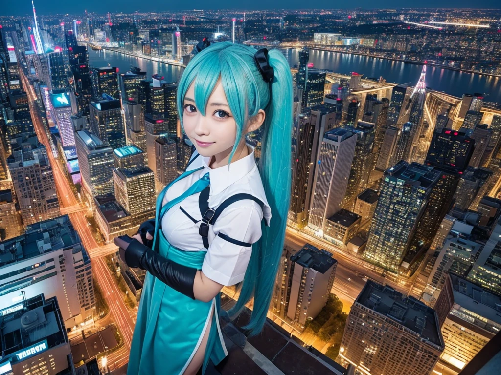 ((Description of Super Giant、8k、Realistic、Hatsune Miku、Cosplay、Japanese women、Cosplayイヤー、Large Breasts、smile、巨大Cosplayイヤー、巨大Hatsune Miku、非常に詳細なDescription of Super Giant、Much larger than a skyscraper、A very very small big city, Miniature metropolis, 靴の高さしかないMiniature metropolisで、Full body description、Walking from afar、top view、Delicate and huge depiction)), ((Clone avatar depiction、8k、Realistic、Hatsune Miku、Cosplay、Japanese women、Cosplayイヤー、Large Breasts、smile、Cosplayイヤー分身の術、Hatsune Mikuの増殖、Highly detailed clone art、(hatsune miku one girl clones, 1 girl is cloned)、Hatsune MikuCosplayがたくさん、Hatsune Mikuの群衆、congestion、Delicate depiction of an alter-ego))
