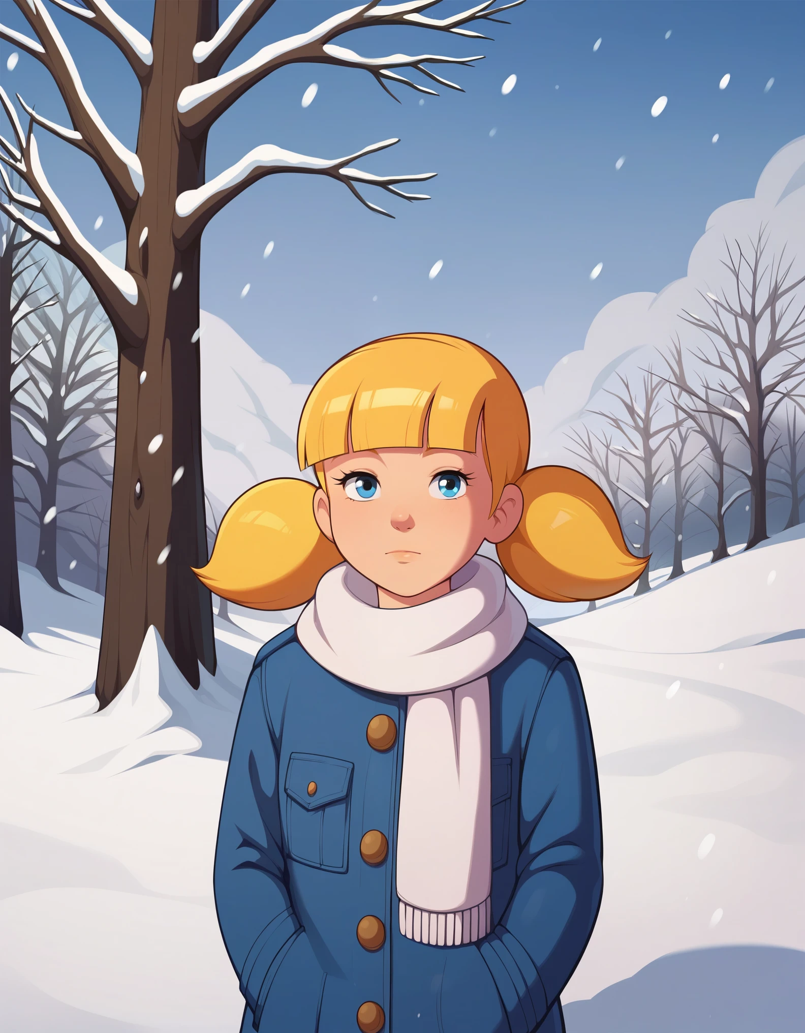 score_9, score_8, score_8_up, score_7_up, sgstyle, BREAK, 1girl, solo, female focus, 1girl, penny_ig, BREAK, 1girl, penny, blonde hair, twintails, blunt bangs, blue eyes, winter clothes, white scarf, coat, expressionless, looking at viewer, outdoors, snow, snowing, solo, tree, winter 