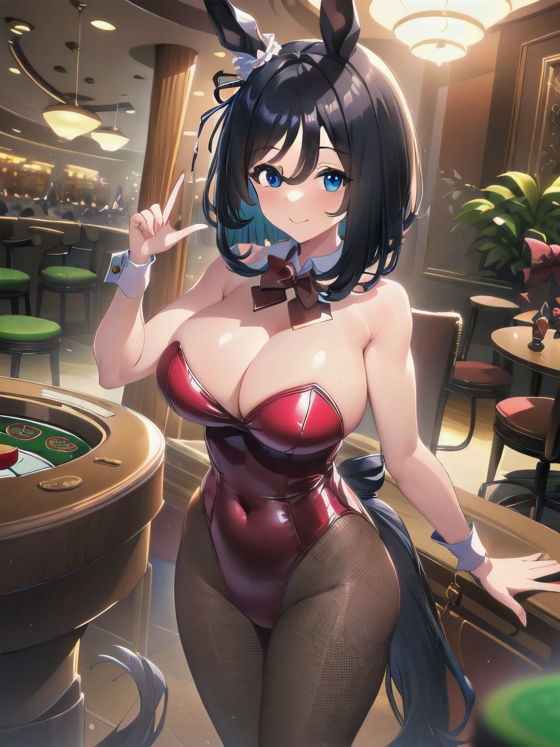 ((Highest quality, masterpiece, High resolution)), One girl, Eishin Flash\(umamusume\), Black Bunny Girl, casino, smile, Are standing, Cleavage, Horse tail, Perfect hands, ((Red bow tie)), Large Breasts, Hands open, Fishnet tights, Bunny ears, Transparent shoulder straps