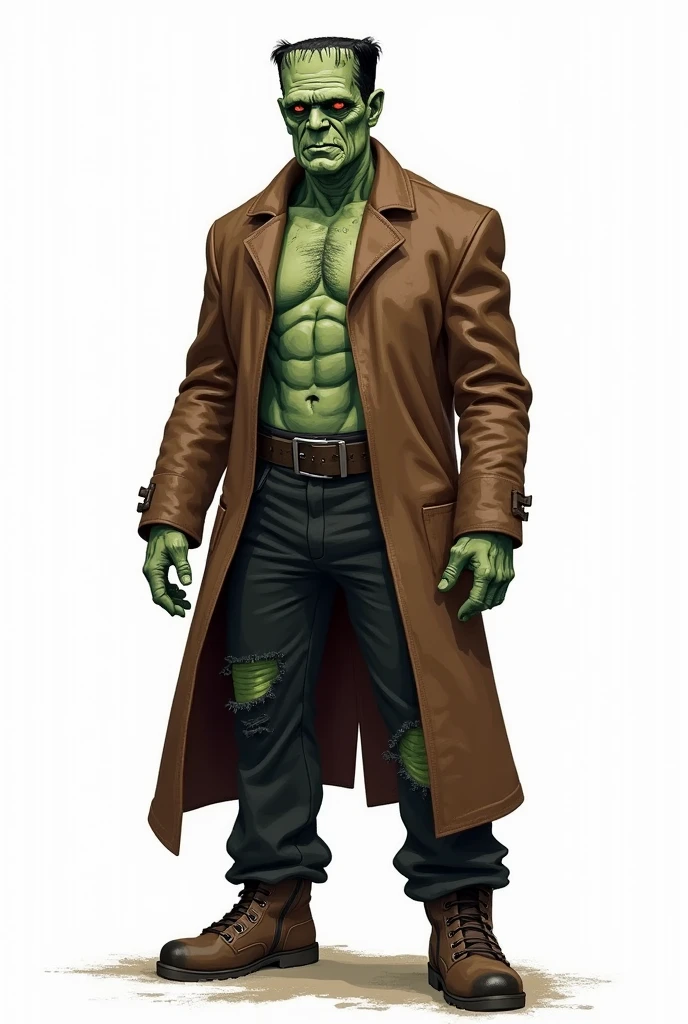 drawning, bright coloured, Frankenstein's monster, stark, Furiosa, Gothic style, baldie, Square head, wrinkled greenish gray skin, wearing a torn brown overcoat, ripped black pants, booties, suture marks on forehead and arms, white background, fully body