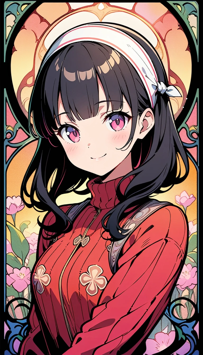 ((best quality)) , ((masterpiece)) , (detailed),Cute anime girl wearing a red sweater and white headband, with long black hair and bangs, smiling expression, posing for a photo in a garden with pink flowers and sunlight shining on her face, pink eyes, high resolution with detailed against a colorful background.,((art nouveau style))