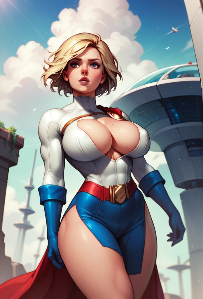 Captain Marvel , big breasts, deep cleavage, standing in a spaceship, wearing power girl dress style