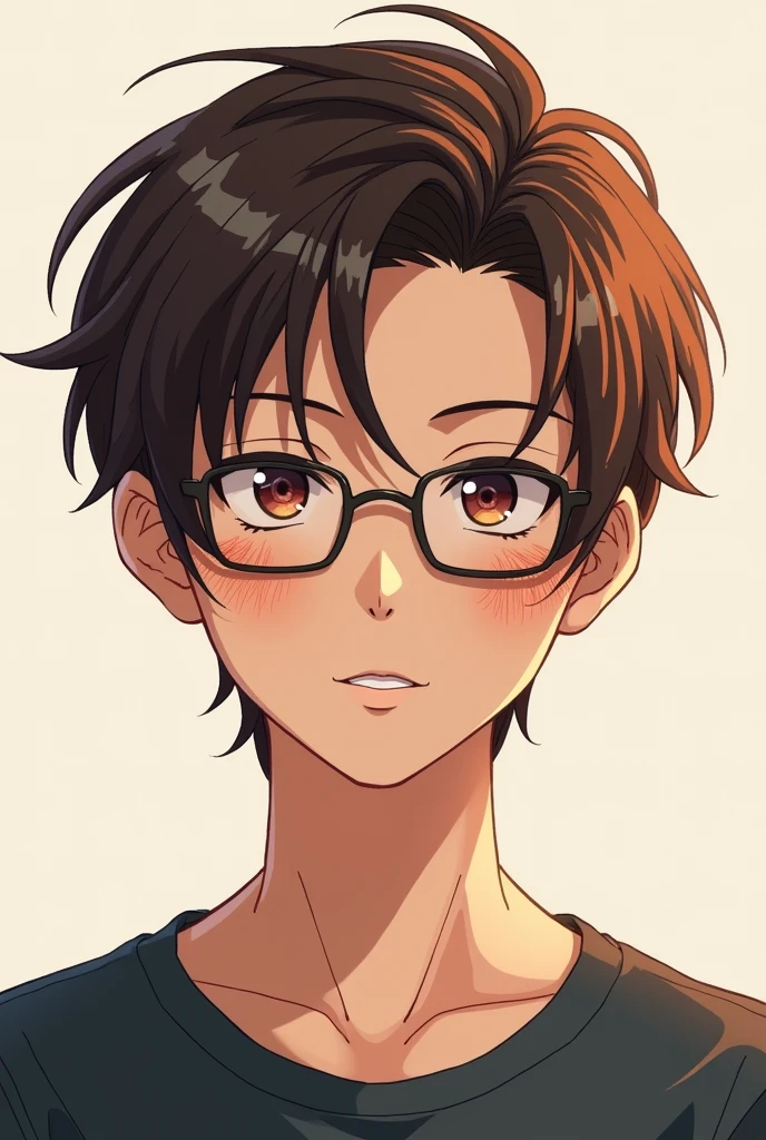 Anime character man short brown red hair , with freckles, small rectangular lenses, combed forward, not so fat 20 years old thin lips