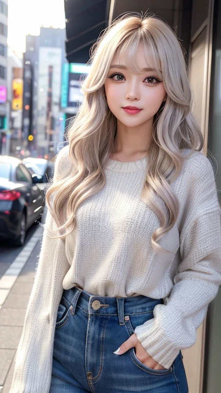 Small breasts、 (curly/Natural Hair)、(Long silver hair)、(Casual clothing:1.4)、(Exposing the breasts:1.2), (Showing nipples:1.3), Browsing Caution, (Cowboy Shot、Highest quality、8k、Award-winning works、Ultra-high resolution)、One beautiful woman、(blonde:1.1)、Bright color contacts、Perfect Makeup、Bright and shiny lipstick、(Very heavy makeup:1.2)、(Deep pink around the eyes:1.1)、Beautiful bright eyeshadow、Heavy makeup around the eyes、(Romantic affection:1.1)、The best smile when he sees me、(Many of them emphasize the body line..:1.1)、(Strongly blurred vibrant Harajuku city background:1.1)、(Strongly blurred background:1.1)、Accurate anatomy、Ultra HD Hair、(Ultra-high resolutionの完璧な美しい歯:1.1)、Ultra-high definition beauty face、Ultra HD Hair、Ultra HD Shining Eyes、輝くUltra-high resolutionの美肌、Ultra-high resolutionの艶やかな唇
