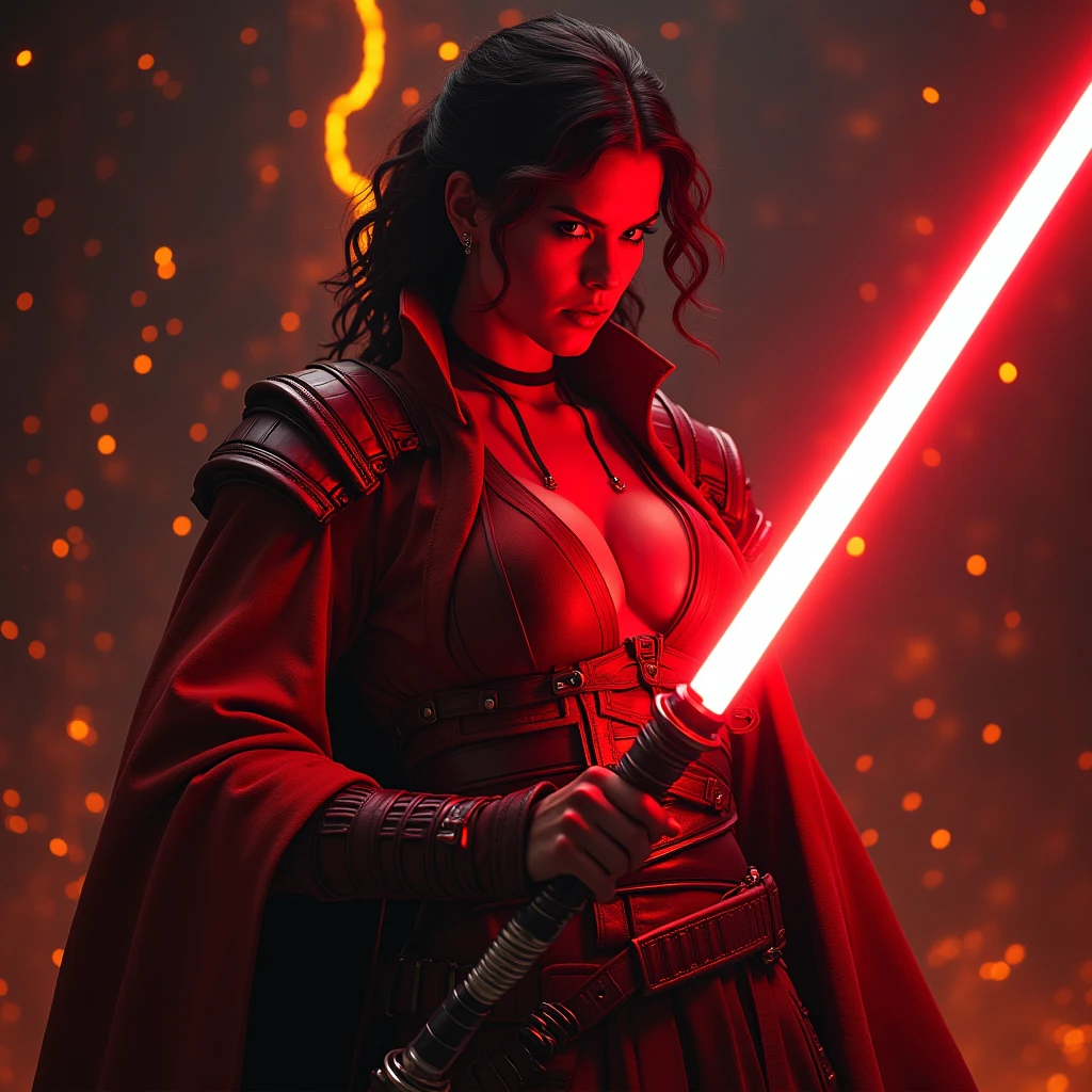 bdsm, collar cyberpunk Samurai jacket, (female, red pink slim skin:1.4), Large linen cape, (nice face, very angry:1.9), (bdsm harness, tight big breasts:1.75), surrounded by a detailed spacescape with translucent dark-amber Highlights, (red neon, emissive), (yellow particules, hyper-detailed,:1.4) sharp, high resolution, high quality, 32K, Ultra realistic, HD, super detailed, line art, abstract style, (full body, shinny, wavy hair:1.5), (star wars inquisitor:1.65), (circle hard powerful red white orange fire neon light saber:1.8), (well formed five fingers hands on light saber:1.7)