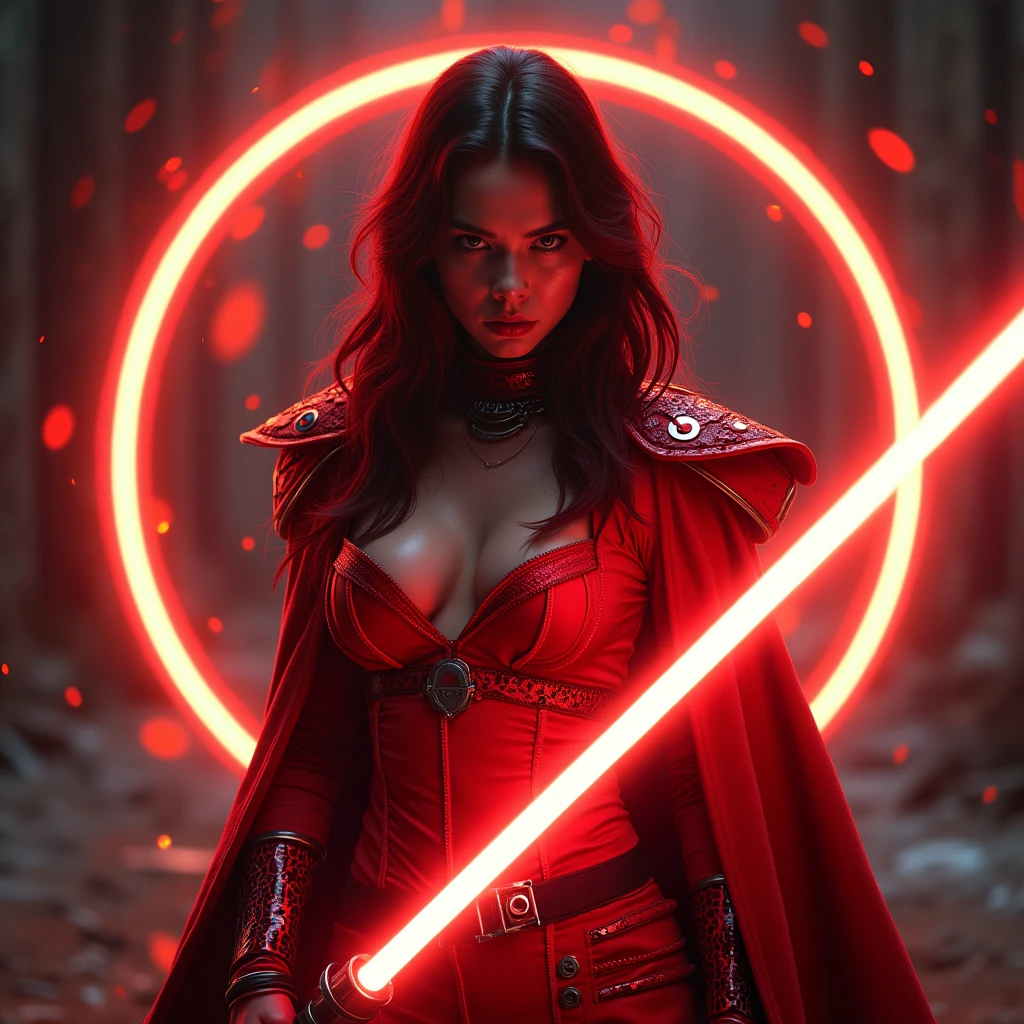 bdsm, collar cyberpunk Samurai jacket, (female, red pink slim skin:1.4), Large linen cape, (nice face, very angry:1.9), (bdsm harness, tight big breasts:1.75), surrounded by a detailed spacescape with translucent dark-amber Highlights, (red neon, emissive), (yellow particules, hyper-detailed,:1.4) sharp, high resolution, high quality, 32K, Ultra realistic, HD, super detailed, line art, abstract style, (full body, shinny, wavy hair:1.5), (star wars inquisitor:1.65), (circle hard powerful red white orange fire neon light saber:1.8), (well formed five fingers hands on light saber:1.7)