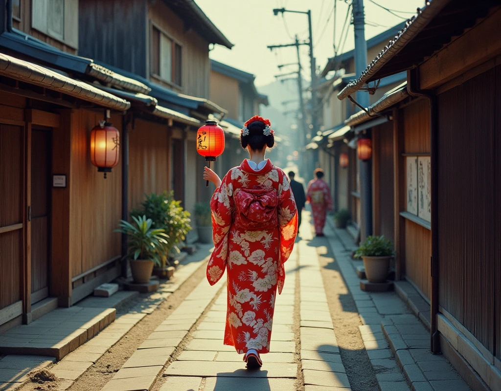 A woman in a kimono walking down the street holding a lantern, Paintings inspired by Shinsui Ito, unsplash Contest Winner, Ukiyo-e, The aesthetics of travel in Japan, Japanese cities, Japan Streets, Japan Deeper Journey Exploration, Japanese Street, japanese geisha, Japanese women, Japan Travel and Adventure, geisha, unsplash photo contest winner, Japan Travel and Tourism