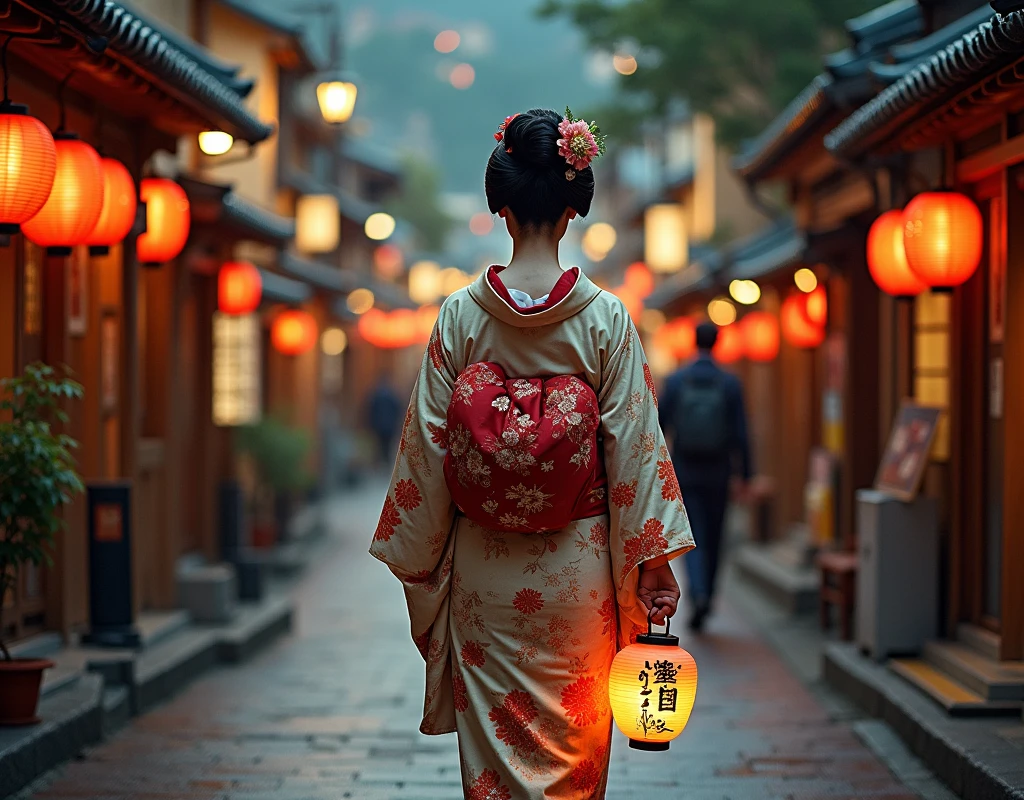 A woman in a kimono walking down the street holding a lantern, Paintings inspired by Shinsui Ito, unsplash Contest Winner, Ukiyo-e, The aesthetics of travel in Japan, Japanese cities, Japan Streets, Japan Deeper Journey Exploration, Japanese Street, japanese geisha, Japanese women, Japan Travel and Adventure, geisha, unsplash photo contest winner, Japan Travel and Tourism