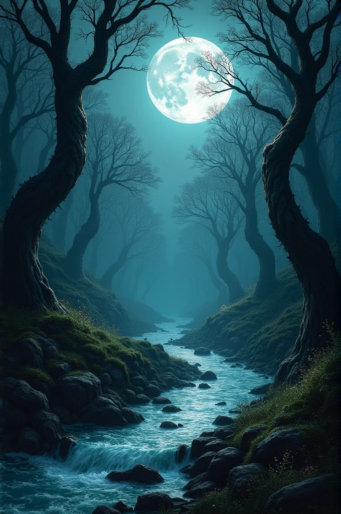 Dark forest, a river, big moon, full of