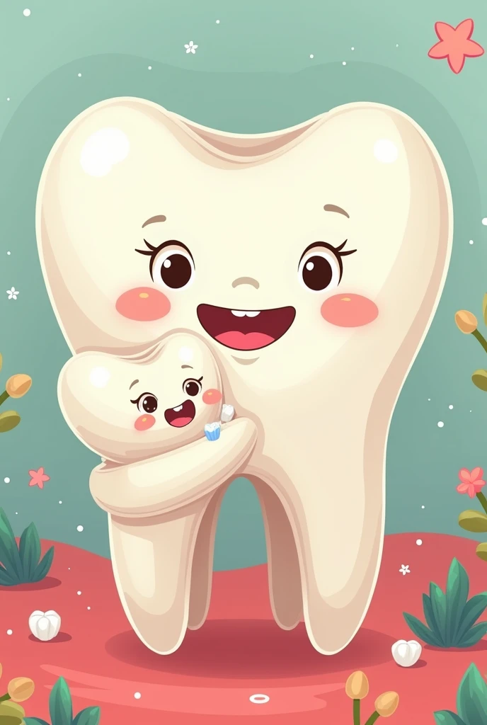 Cartoon of a tooth with breasts breastfeeding her baby tooth