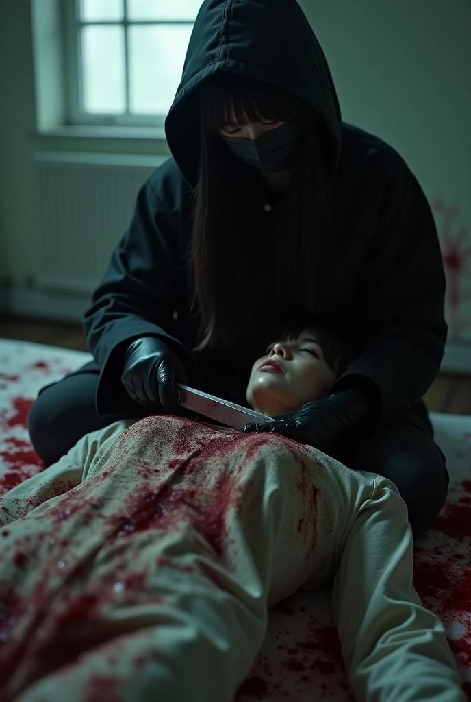 korean girl, (behind corpse, holding knife), black surgical mask, black gloves, room full of blood, black raincoat, hood up, holding knife, black gloves, woman on top, behind corpse, blood splatter, on the bed, mass murderer, killer, long bangs, blood splatter, dark atmosphere, cinematic lighting, atmospheric realistic, light from the window, close-up,
