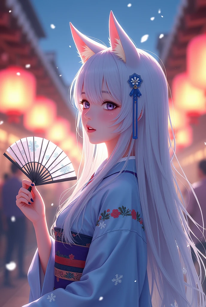 a anime woman, with long hair, which is white in color with a slight shade of blue, the woman has wolf ears on her head, and wears typical Japanese festival clothing, with lilac and blue colors, she is holding a fan in her right hand, she is at a lantern festival, Ice flock in hair