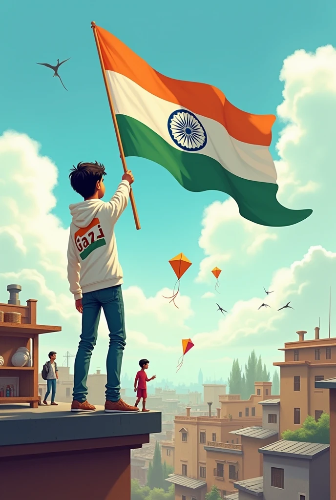 A 5 year old child is on top of a mountain holding a Indian flag. Below the mountain there are cloudy hills and many birds.