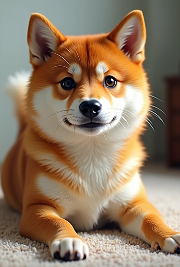 Shiba Inu、 "What are you looking at?？Ahh～！"  is written in 大きい letters on the screen,