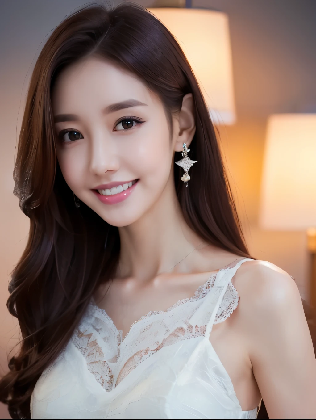 (best quality,highres,ultra-detailed),1girl,solo, smile , Translucent white skin,8k,A randomly generated person with diverse facial features hairstyle、Perfect Anatomy,Romantic Evening、Silk dress with lace inserts、Strap sandals、Pearl Accessories、Clutch bags、Satin shawl, night,in luxury hotel,