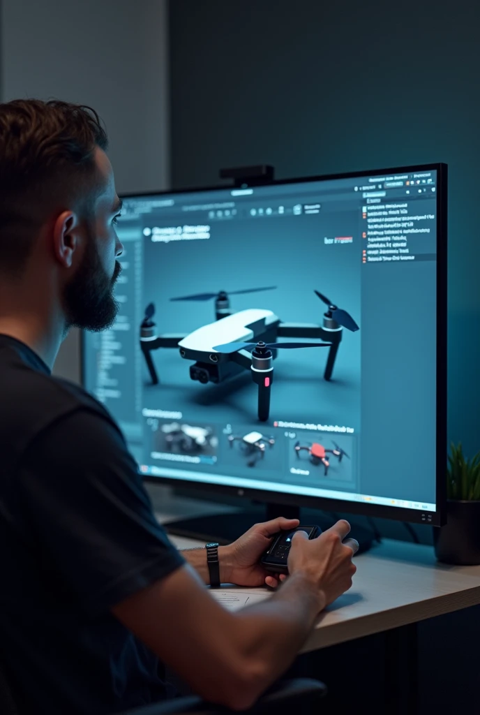 A man in his 40s proofreading the product description for a new drone product in front of a large monitor