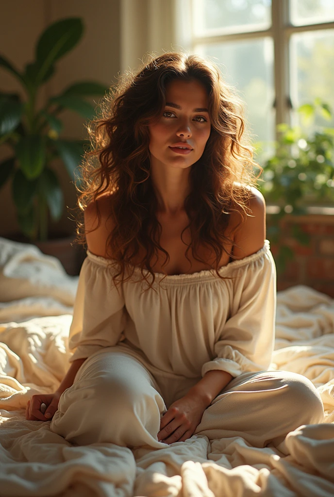 (photorealism:1.2), beautiful woman, sitting on bed, wearing loose off-shoulder top, pajama pants, long curly hair, indoors, soft lighting, plants in background, window with sunlight, cozy room, relaxed pose, realistic, intricate details, warm colors, by Greg Rutkowski, by Alphonse Mucha