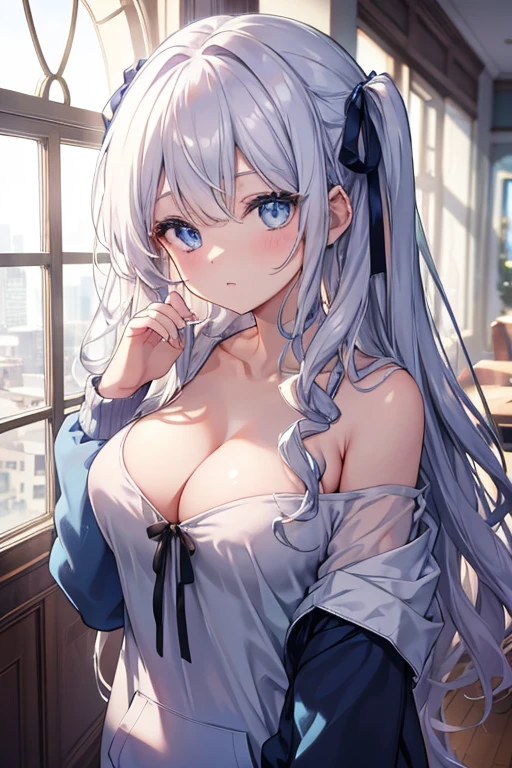 Raw image of a Beautiful woman, (solo:1.1), long silver hair, curly hair, (side curls), hair ribbon, blue_eyes, (detailed eyes), looking at the viewer, loose hoodie, (off-shoulder hoodie), (beautiful round breasts), (masterpiece, best quality), vivid colors, soft ambient lighting, 8K, HD, intricate, ultra-detailed, (absurdres:1.2), bokeh, window background, blurry_background, aesthetic indoors, highly focused, photography pose