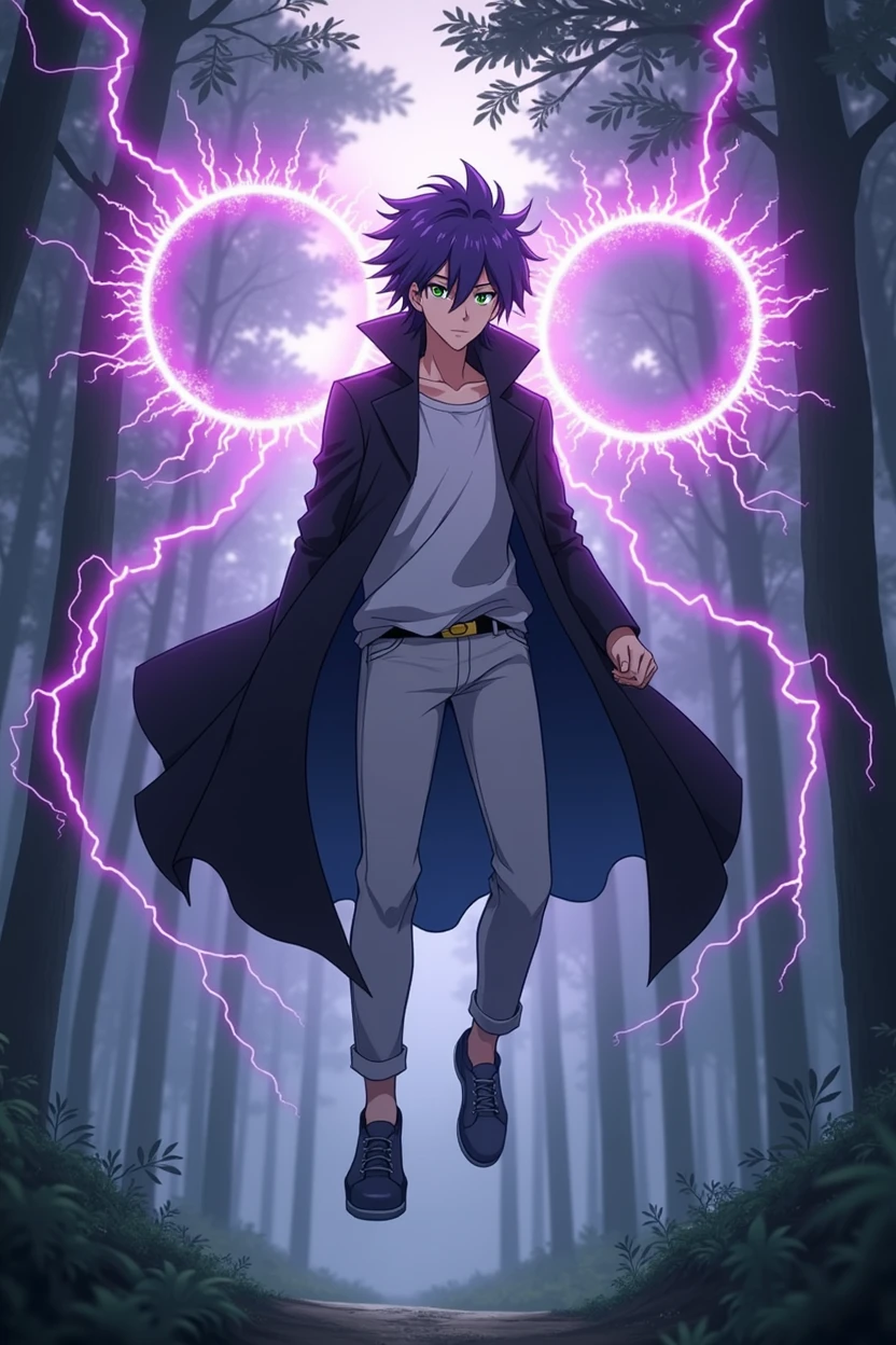 In an anime-style scene set in a mystical forest, a Genshin Impact-inspired character hovers in the air. The character is 187 cm tall, with average but striking features. His purple hair is styled in a mullet haircut, framing his green eyes that have a soft yet fierce expression. He's dressed in a black overcoat, white pants, and a white T-shirt. His clothes are dramatically swayed by the strong, gusty wind, emphasizing the intensity of the scene. Three glowing mana circles with crackling purple lightning hover behind him, showcasing his magical abilities. The character’s full body is shown, floating above the ground, with the mana circles adding a powerful aura around him. The dense, shadowy woods in the background add to the mystical and intense atmosphere. He is showcasing the power purple lightning all over the woods. There's so many purple lightning strikes