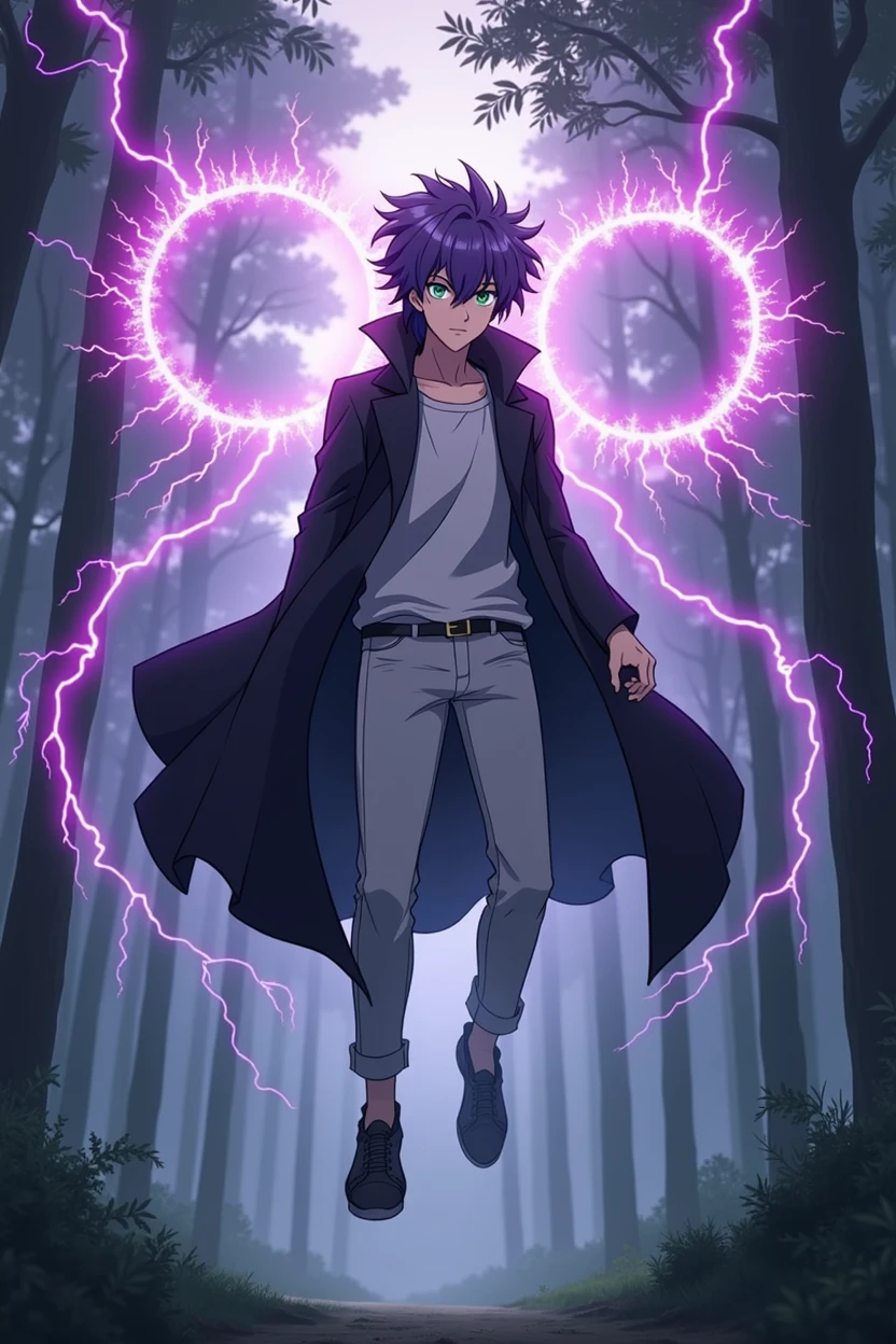  In an anime-style scene set in a mystical forest, a Genshin Impact-inspired character hovers in the air. The character is 187 cm tall, with average but striking features. His purple hair is styled in a mullet haircut, framing his green eyes that have a soft yet fierce expression. He's dressed in a black overcoat, white pants, and a white T-shirt. His clothes are dramatically swayed by the strong, gusty wind, emphasizing the intensity of the scene. Three glowing mana circles with crackling purple lightning hover behind him, showcasing his magical abilities. The character’s full body is shown, floating above the ground, with the mana circles adding a powerful aura around him. The dense, shadowy woods in the background add to the mystical and intense atmosphere. He is showcasing the power purple lightning all over the woods. There's so many purple lightning strikes 
